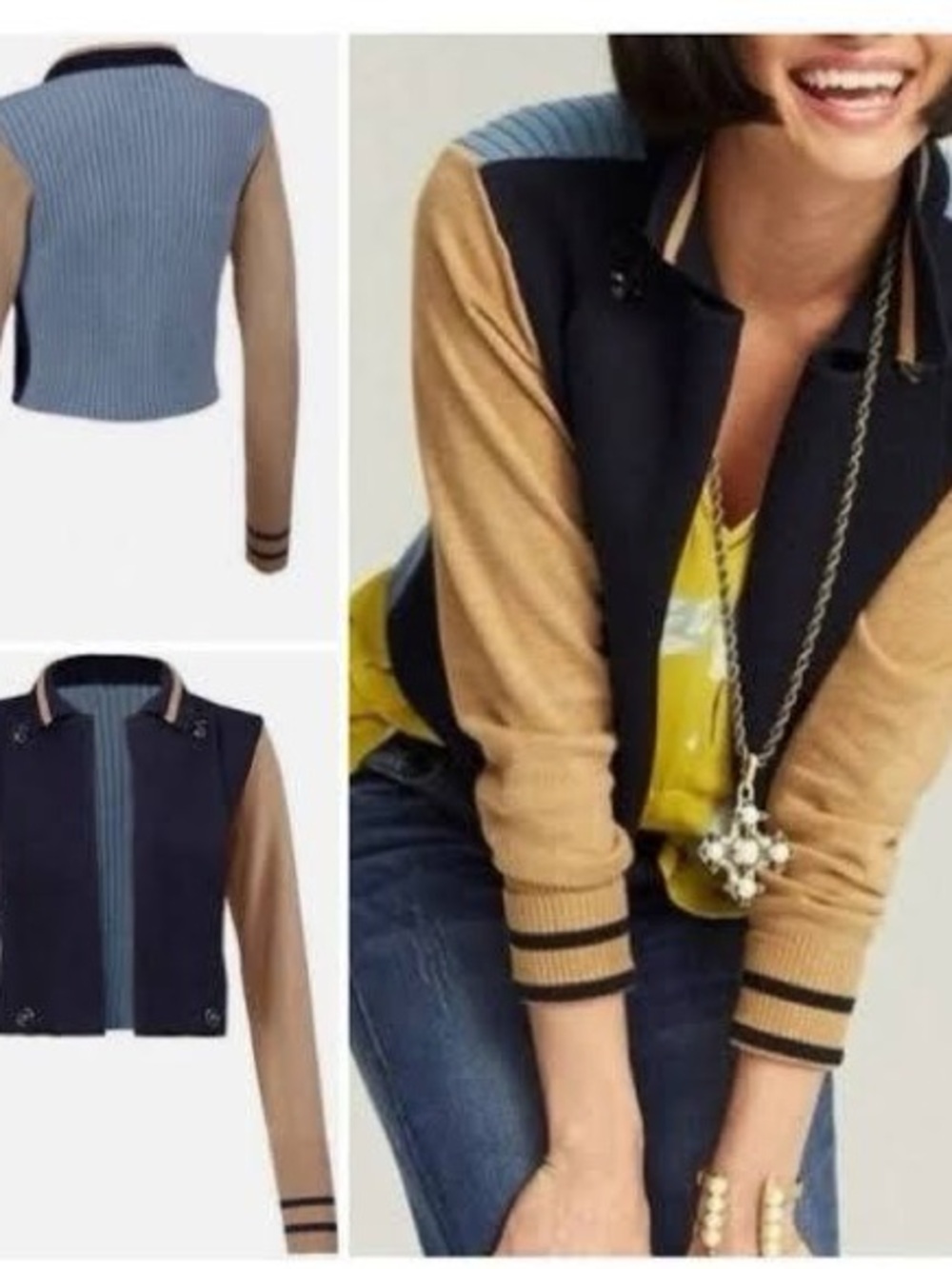 Cabi Turn Back Cardigan Colorblock Collared Varsity Sweater Top Retro Knit Navy